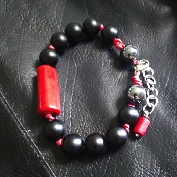 Red & Black Power Bracelet! Professional Wardrobe! Coral Hematite + Stone Beads - Picture 1 of 13